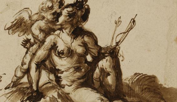 Hendrick Goudt, Venus und Amor, Vorzeichnung in Kreide, Feder in Braun, braun laviert, auf Vergé, Graphische Sammlung, Wallraf-Richartz-Museum Hendrick Goudt, Venus und Amor, Vorzeichnung in Kreide, Feder in Braun, braun laviert, auf Vergé, Graphische Sammlung, Wallraf-Richartz-Museum