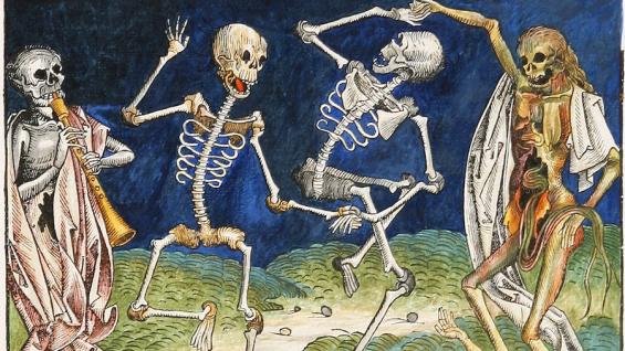 Tanz der Skelette Michael Wolgemut, Einzelblatt (fol. 264) aus Hartmann Schedel, Weltchronik, Nürnberg 1493, Holzschnitt farbig koloriert, Graphiksammlung „Mensch und Tod“ der Heinrich-Heine-Universität Düsseldorf © Graphiksammlung „Mensch und Tod“ HHU Tanz der Skelette Michael Wolgemut, Einzelblatt (fol. 264) aus Hartmann Schedel, Weltchronik, Nürnberg 1493, Holzschnitt farbig koloriert, Graphiksammlung „Mensch und Tod“ der Heinrich-Heine-Universität Düsseldorf © Graphiksammlung „Mensch und Tod“ HHU