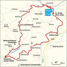 Bauernhofweg Wanderung als Kartenskizze. (Angelika Solibieda, cartomedia, Karlsruhe)