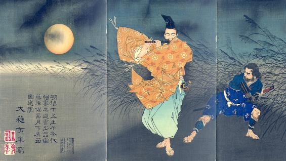 Yasumasa spielt bei Mondlicht Flöte, Tsukioka Yoshitoshi (1839-1892), Farbholzschnitt, ōban Tryptichon 114 x 75 cm, Japan, 1883 © Nihon no hanga Amsterdam