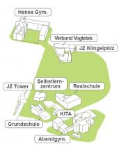 Sieben Einrichtungen beteiligen sich an der Bildungslandschaft. Eine Kita soll neu gebaut werden. Bild: Architektur- und Stadtplanungsbüro CAS Sieben Einrichtungen beteiligen sich an der Bildungslandschaft. Eine Kita soll neu gebaut werden. Bild: Architektur- und Stadtplanungsbüro CAS