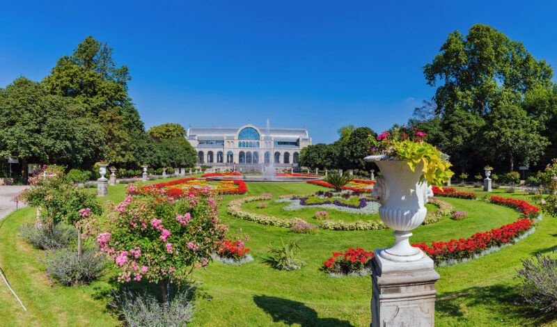 Blumenbeete im Botanischen Garten mit Flora im Hintergrund