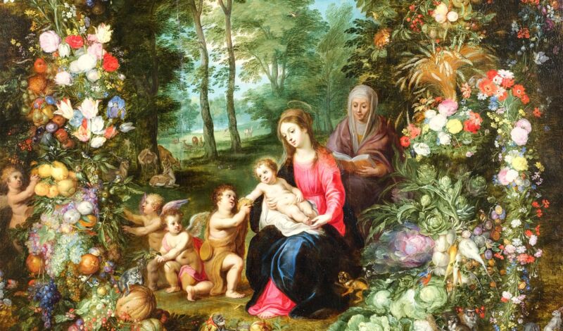 Ausschnitt des Gemäldes Maria mit Jesuskind, Johannes der Täufer, Hl. Anna von Engeln umkränzt