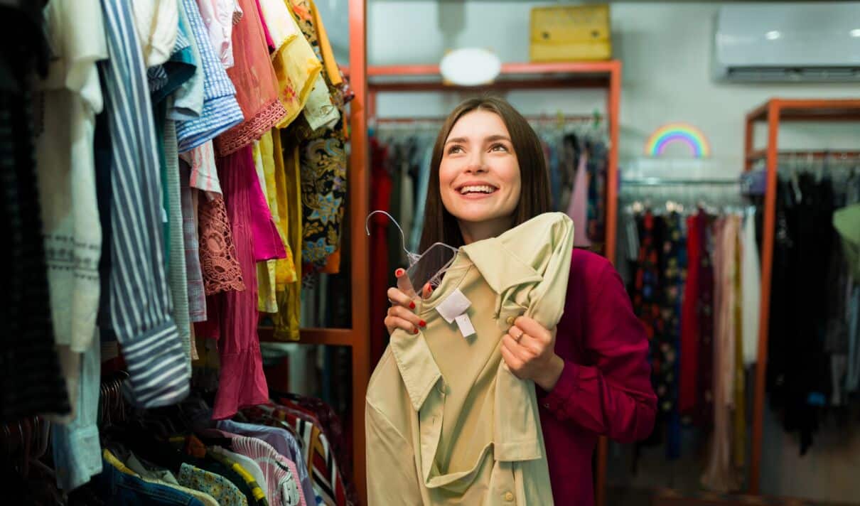 Frau hält Mantel beim Shopping