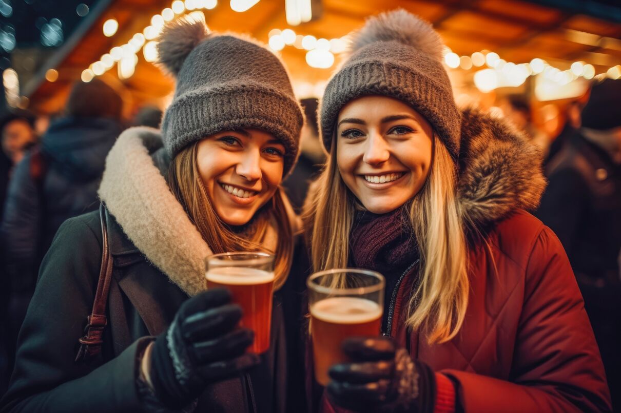 Freunde trinken Glühwein auf Weihnachtsmarkt
