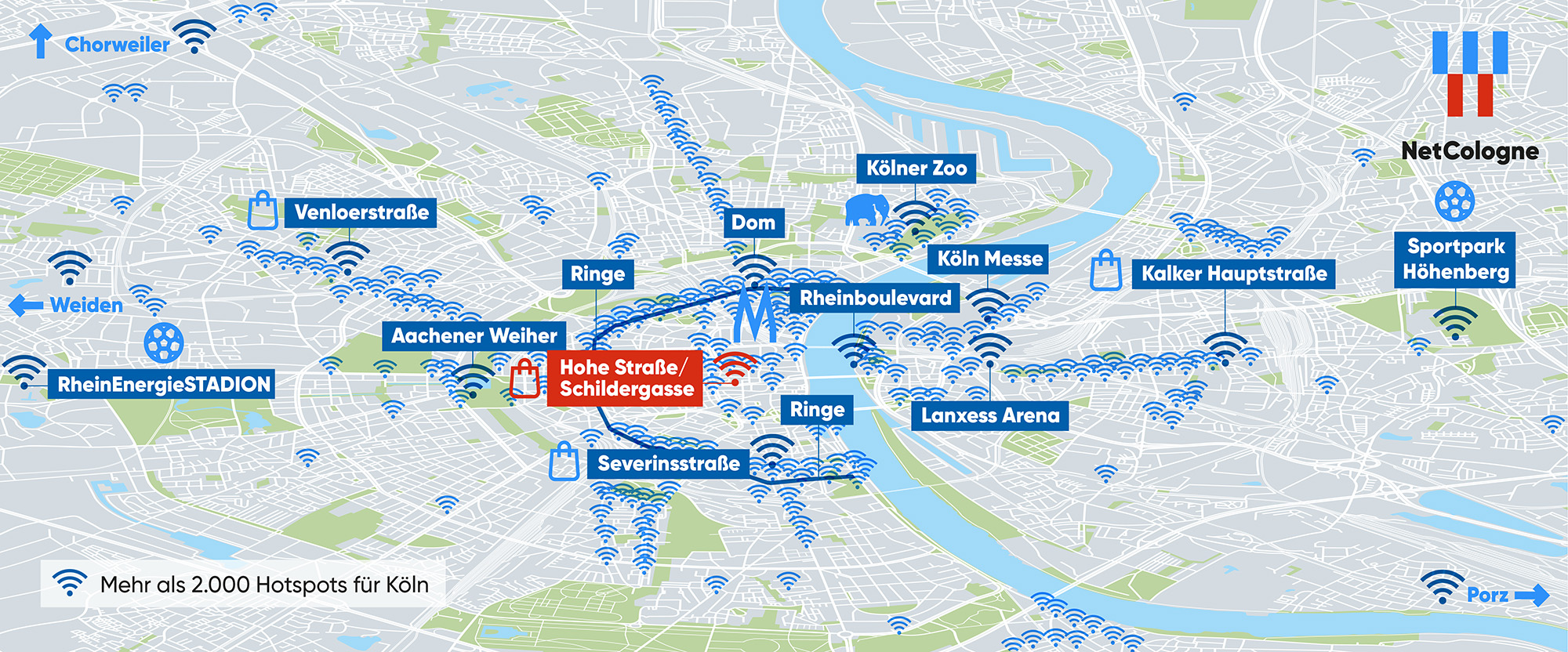 Übersichtskarte mit WLAN Hotspots in Köln
