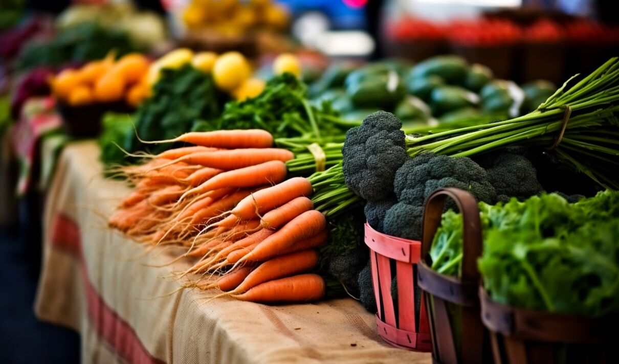 Verkaufsstand an einem Wochenmarkt mit frischem Obst und Gemüse