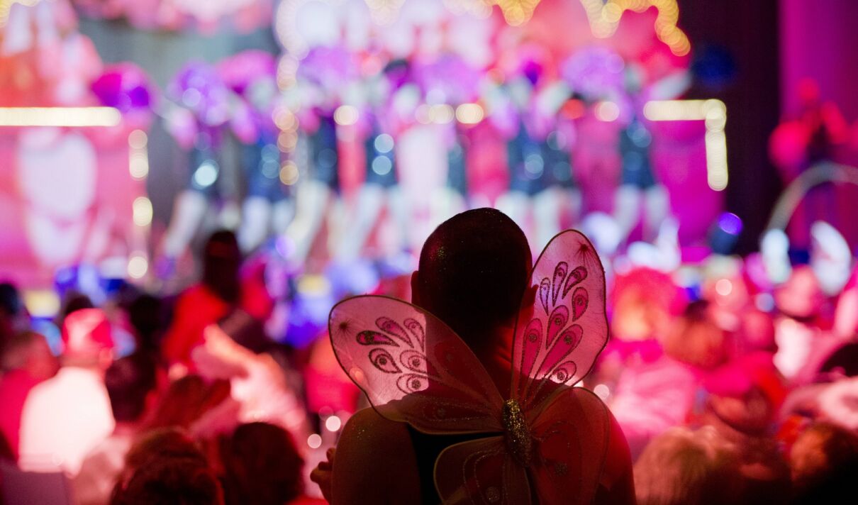 Ein als Schmetterling verkleideter Teilnehmer während einer Karnevalssitzung