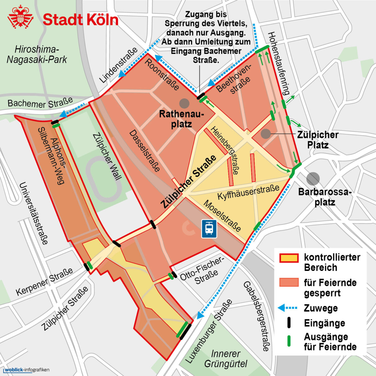 Stadtplan zeigt Kwartier Latäng mit geplanten Sperrungen für den 11.11. in Köln