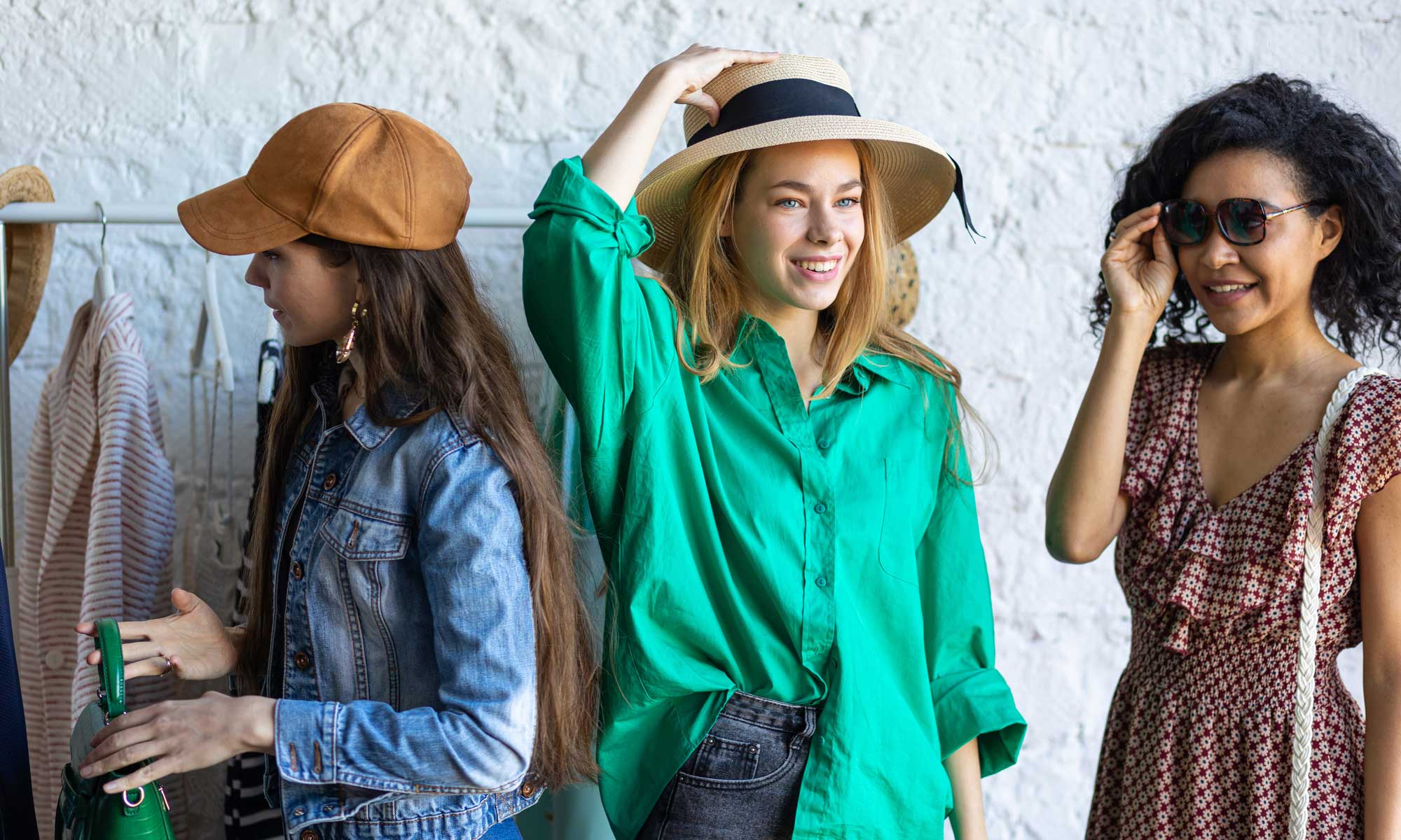 Junge Frauen probieren auf einem Mädchenflohmarkt Hut und Sonnenbrille an