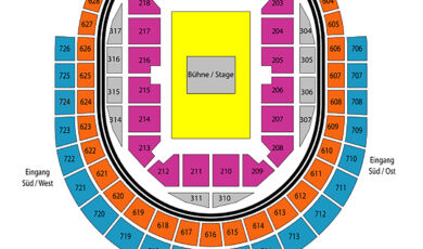 Grafik des Saalplans der Lanxess-Arena in der Variante Centerstage, Innenraum unbestuhlt