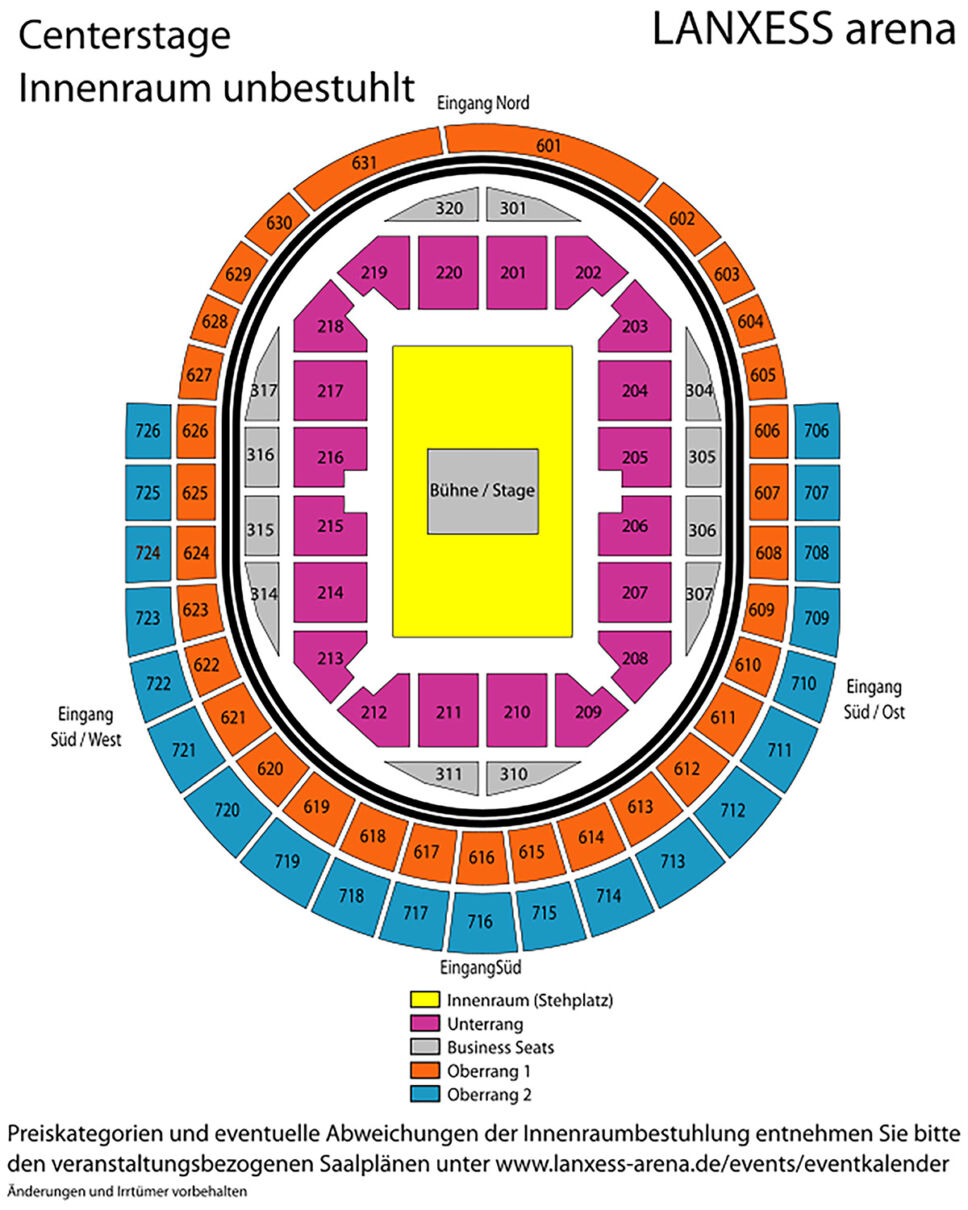 Grafik des Saalplans der Lanxess-Arena in der Variante Centerstage, Innenraum unbestuhlt