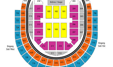 Grafik des Saalplans der Lanxess-Arena in der Variante Endstage, Innenraum bestuhlt