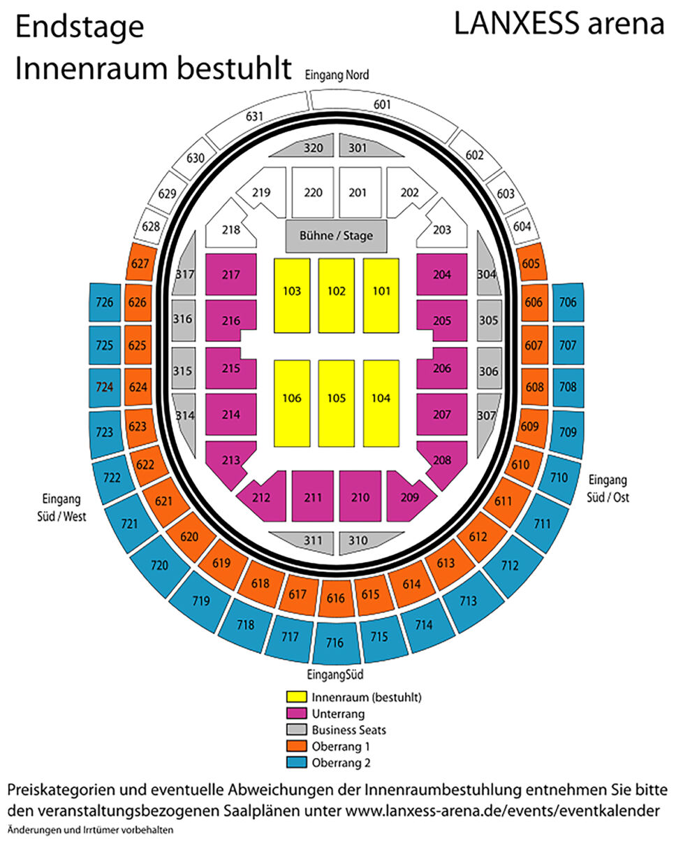 Grafik des Saalplans der Lanxess-Arena in der Variante Endstage, Innenraum bestuhlt