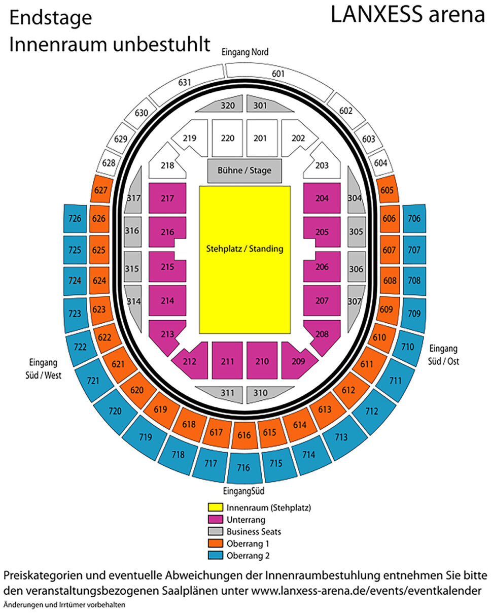 Grafik des Saalplans der Lanxess-Arena in der Variante Endstage, Innenraum unbestuhlt.