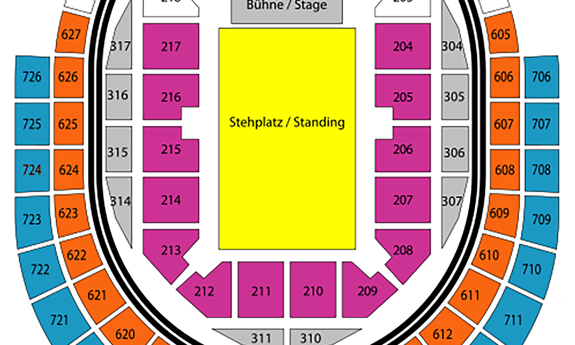 Saalplan der Lanxess-Arena in der Variante Endstage Innenraum, bestuhlt