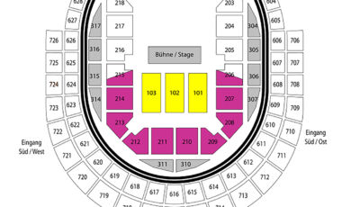 Grafik des Saalplans der Lanxess-Arena in der Theatervariante, Innenraum bestuhlt.