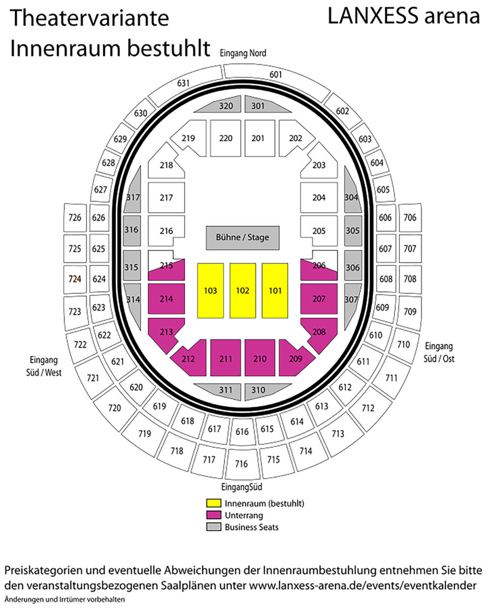 Grafik des Saalplans der Lanxess-Arena in der Theatervariante, Innenraum bestuhlt.