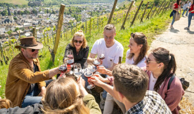 Wandergruppe stößt im Weinberg des Ahrtales mit Weißwein an.