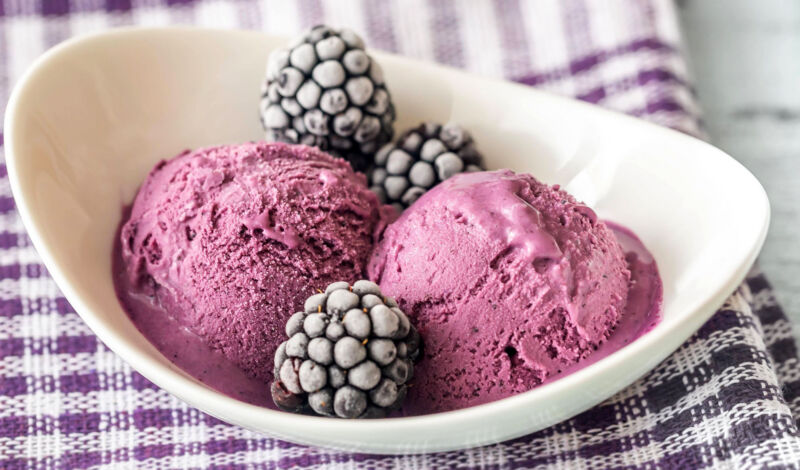 Eine Schale mit zwei Kugeln Brombeereiscreme und mehreren gefrorenen Bormbeeren