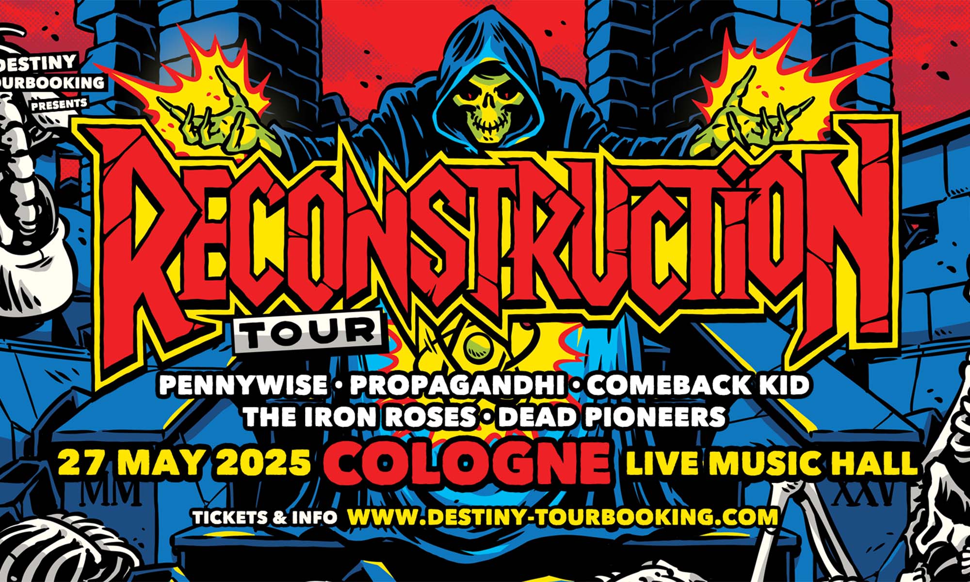 Das Plakat für die Reconstruction-Tour mit Punkbands zeigt die Namen der Bands mit einer düsteren Gestalt darüber.