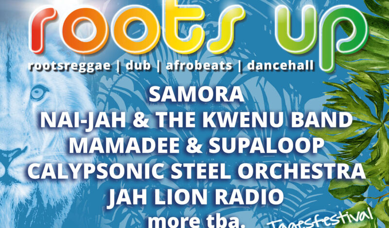 Flyer des Festivals "Roots up" mit Auflistung der auftretenden Künstler