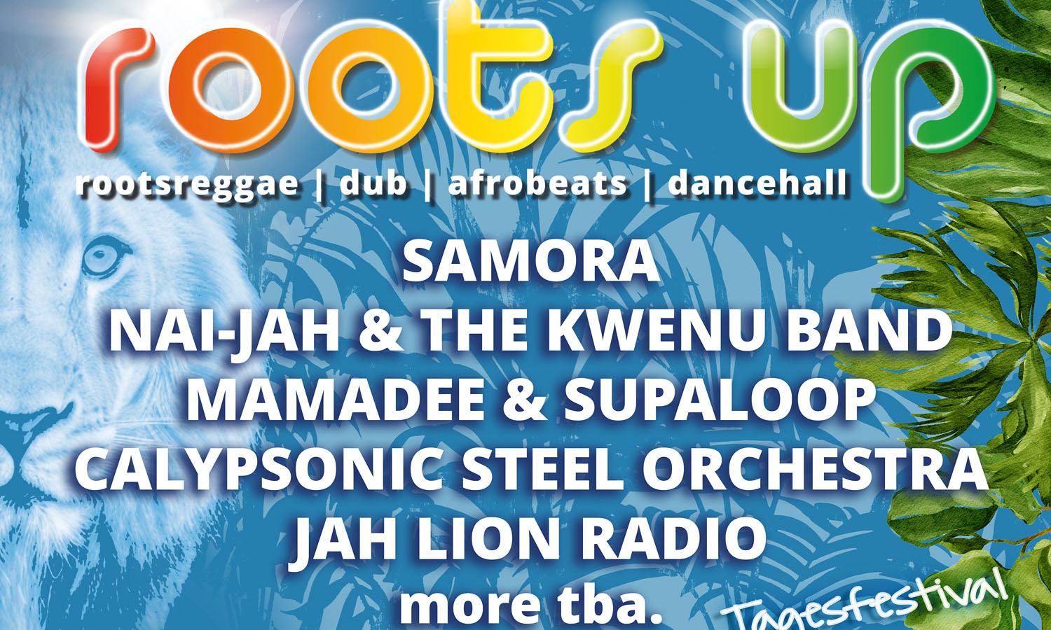 Flyer des Festivals "Roots up" mit Auflistung der auftretenden Künstler