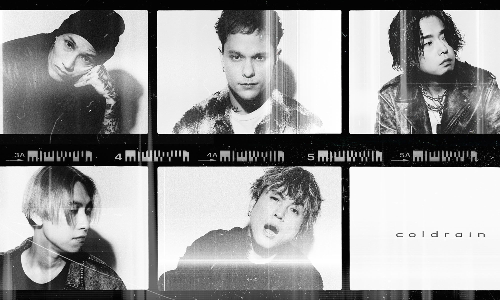 Die Musiker der japanischen Band Coldrain wie auf einem Negativ eines Kleinbildfotoabzugs.