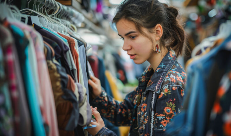 Eine junge Frau stöbert auf einem Nachtflohmarkt durch aufgehängte Kleidung.