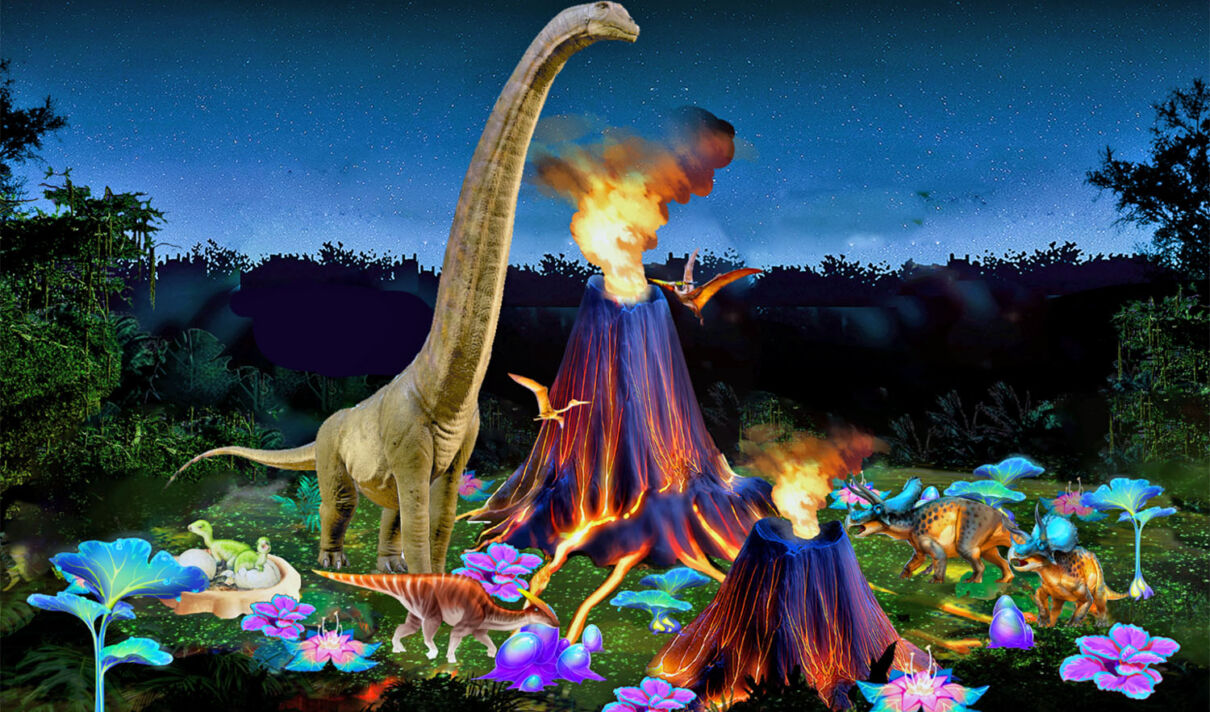 Computergrafik einer Vulkanlandschaft mit einem Dinosaurier