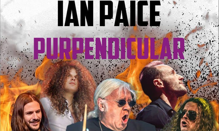Konzertplakat der Band Ian Paice Purpendicular, auf dem die Köpfer der Musiker zu sehen sind