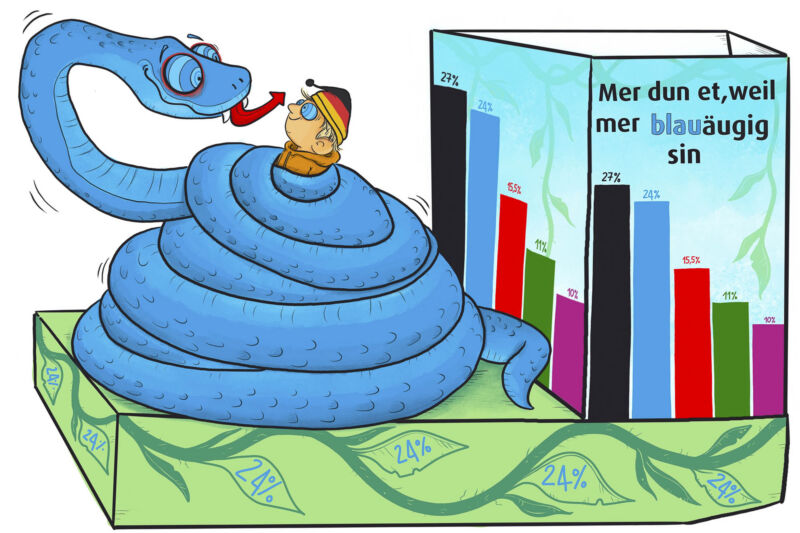 Motiv eines Persiflagewagens im Kölner Rosenmontagszug der Session 2026