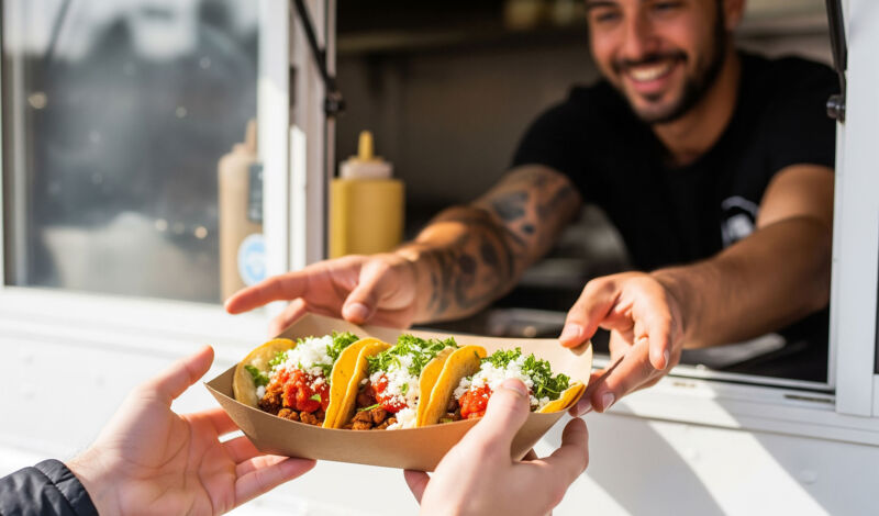 Ein Verkäufer reicht eine Schale mit Tacos aus einem Foodtruck heraus