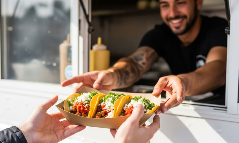 Ein Verkäufer reicht eine Schale mit Tacos aus einem Foodtruck heraus