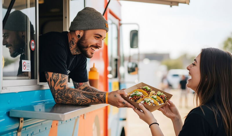 Ein Verkäufer reicht einer Kundin eine Schale mit Tacos