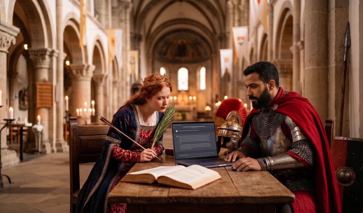 Das KI-generierte Foto zeigt die heilige Ursula und den heilige Gereon mit einem Laptop an einem Holztisch Tisch in einer Basilika sitzend.