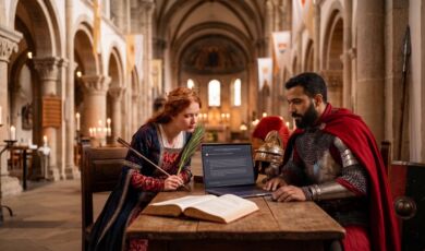 Das KI-generierte Foto zeigt die heilige Ursula und den heilige Gereon mit einem Laptop an einem Holztisch Tisch in einer Basilika sitzend.