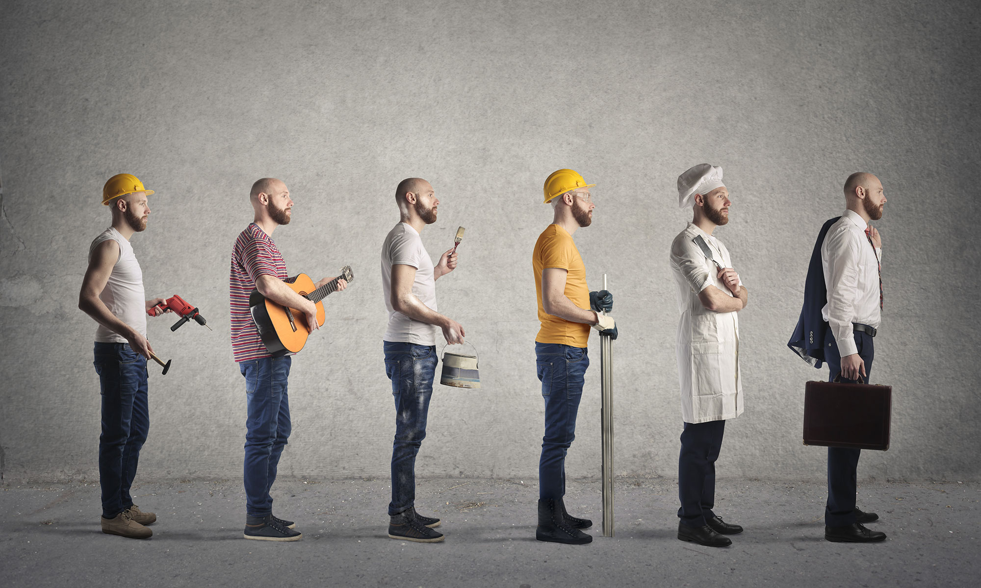 Profilbild eines Mannes in verschiedenen Outfits, die verschiedene Berufe symbolisieren