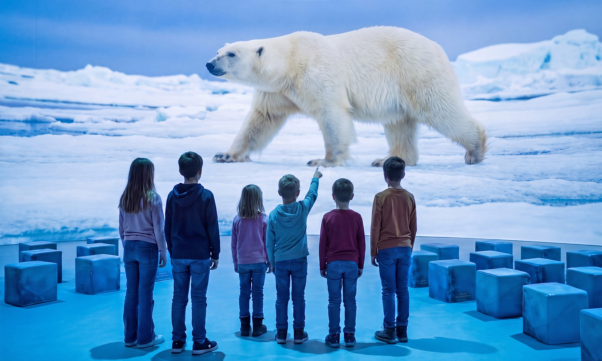 Kinder in der Ausstellung, die in einer Arktisszenerie stehend einen Eisbären betrachten.